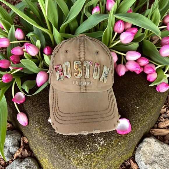 BOSTON Womens Khaki Cloth Hat/Cap-Distressed/Floral Appliqued by Robin Ruth - Picture 1 of 10